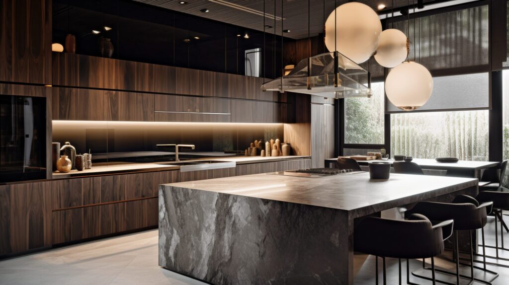 marmur i drewno w luksusowej kuchni w stylu glamour